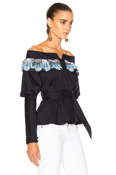 Shop Peter Pilotto Cotton Lace Belted Top In Blue. In Navy