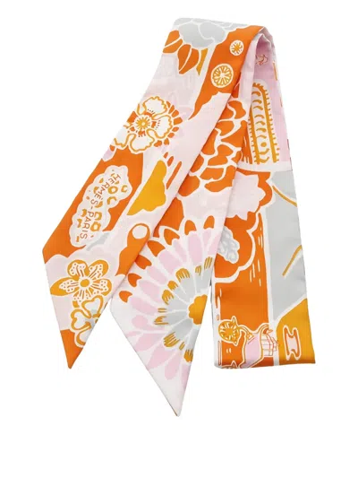 Pre-owned Hermes Bingata Floral-print Ribbon Silk Scarf In Orange