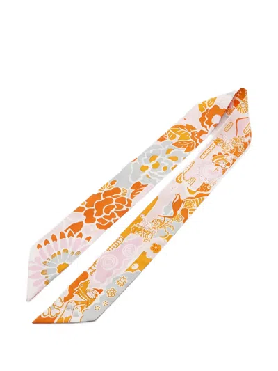 Pre-owned Hermes Bingata Floral-print Ribbon Silk Scarf In Orange