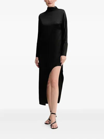 Isabelle Blanche Mock-neck Slit Midi Dress In Black