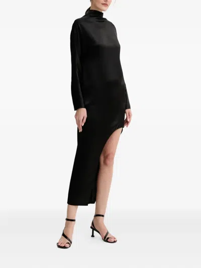 Isabelle Blanche Mock-neck Slit Midi Dress In Black