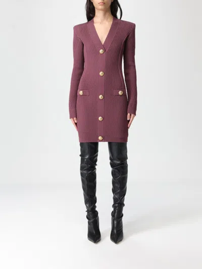 Balmain V-neck Knitted Mini Dress In Purple