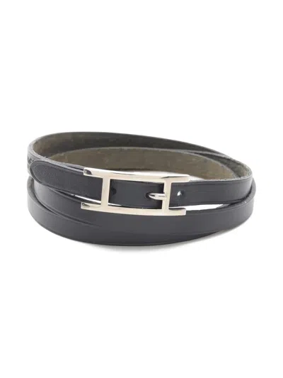 Pre-owned Hermes 2001 Api 3 Long Leather Bracelet In Black