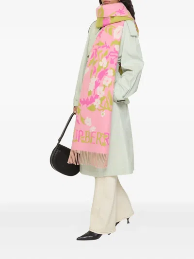 Burberry Floral-motif Jacquard Fringed Scarf In Pink