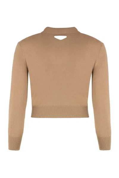 Prada Cutout Cropped Cashmere Polo Sweater In Brown