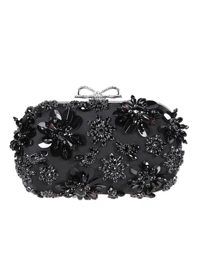 Self-portrait Crystal-embellished Floral Satin Clutch In Black