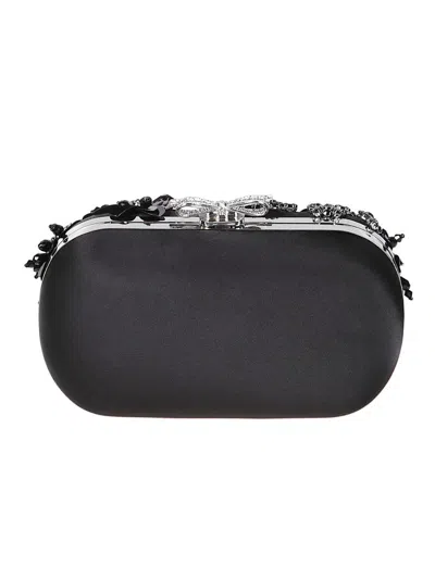 Self-portrait Crystal-embellished Floral Satin Clutch In Black