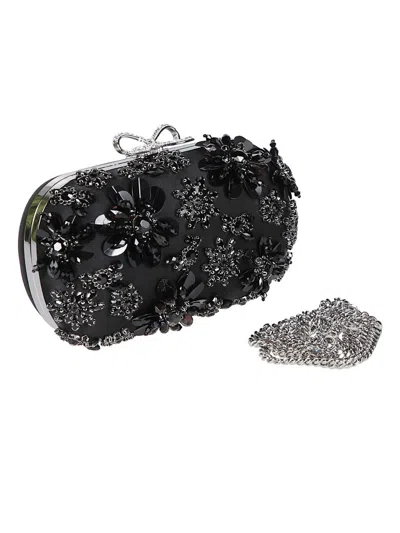 Self-portrait Crystal-embellished Floral Satin Clutch In Black