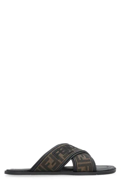 Fendi Double Crossed Band Logo Slides With Jacquard Ff Design In Black