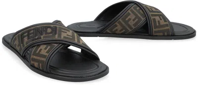 Fendi Double Crossed Band Logo Slides With Jacquard Ff Design In Black
