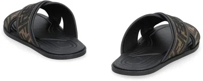 Fendi Double Crossed Band Logo Slides With Jacquard Ff Design In Black