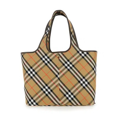 Burberry Beige Tote Bag With Vintage Check Motif In Cotton Canvas Woman In Multicolor
