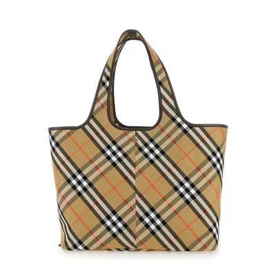 Burberry Beige Tote Bag With Vintage Check Motif In Cotton Canvas Woman In Multicolor