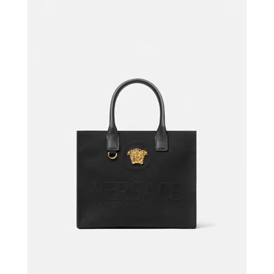 Versace La Medusa Canvas Small Tote Bag In Black