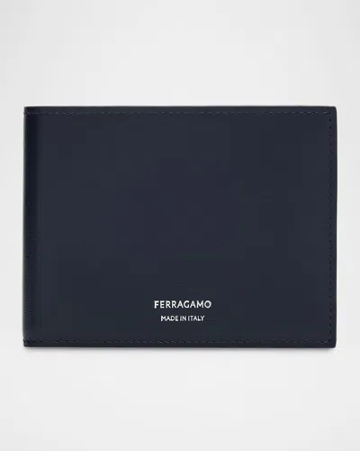 Ferragamo Florence Blue Bi-fold Wallet With Logo Lettering On The Front In Leather Man In Blue