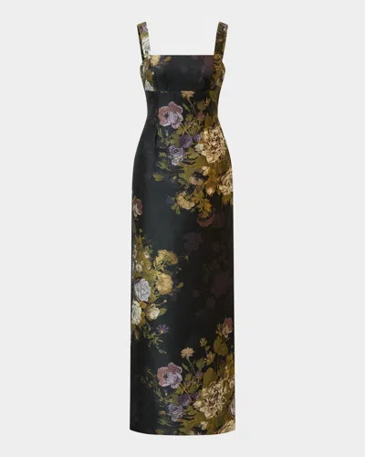 Kay Unger Lilith Floral Damask Jacquard Column Gown In Black