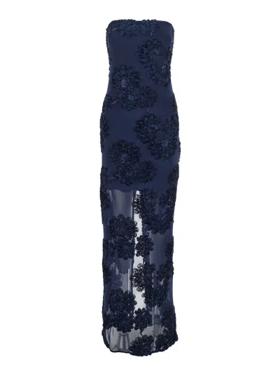 Rotate Birger Christensen Blue Long Dress With Floral Embellishment In Fabric Woman In Blue