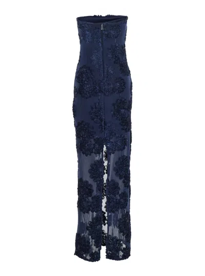 Rotate Birger Christensen Blue Long Dress With Floral Embellishment In Fabric Woman In Blue