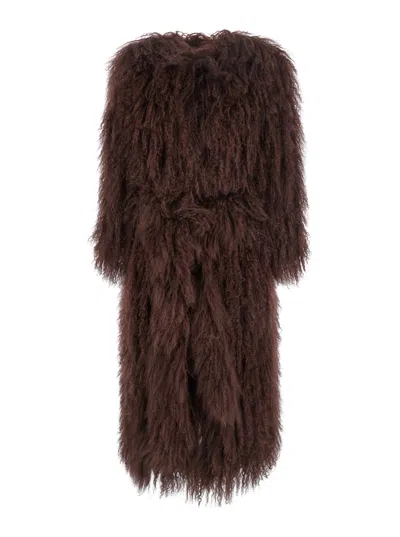 Numero Otto Brown Fur Coat With Round Neck And Long Sleeves In Fur Woman In Brown