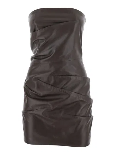 Attico Brown Off-shoulder Sleeveless Mini Dress With Rear Zip Closure In Leather Woman In Brown