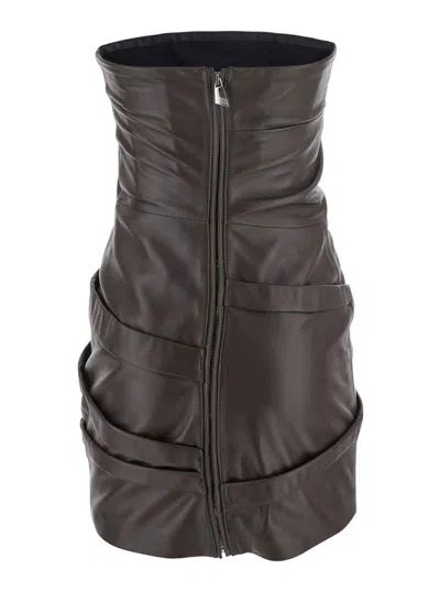 Attico Brown Off-shoulder Sleeveless Mini Dress With Rear Zip Closure In Leather Woman In Brown