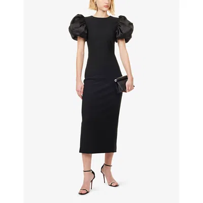 Rotate Birger Christensen Womens  Draped Puffed-sleeves Stretch-woven Midi Dress In Black