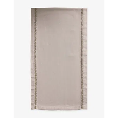 The White Company Feather-bordered Embroidered Linen-cotton Blend Table Runner In Gray