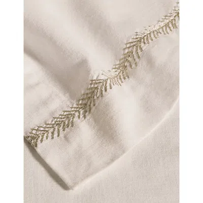 The White Company Feather-bordered Embroidered Linen-cotton Blend Table Runner In Gray