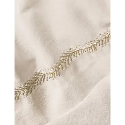 The White Company Feather-bordered Embroidered Linen-cotton Blend Table Cloth In Neutral