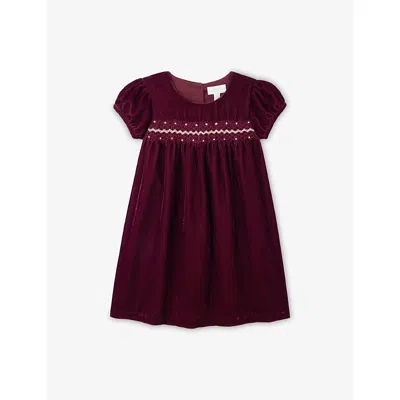 The Little White Company Smocked Short-sleeve Velvet Dress 0 Months - 2 In Burgundy