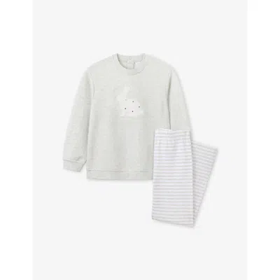 The Little White Company Bunny-embroidered Striped Two-piece Cotton Set 0 In Gray
