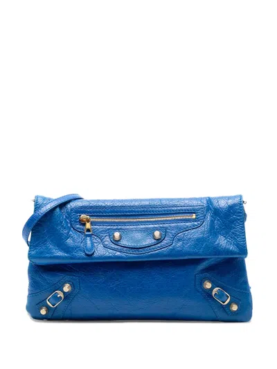 Pre-owned Balenciaga 2015 Lambskin Motocross Giant 12 Envelope Clutch With Strap Crossbody Bag In Blue
