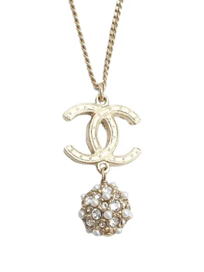 Pre-owned Chanel 2020 Gold Plated Cc Faux Pearl Rhinestone Ball Drop Pendant Necklace Costume Necklace