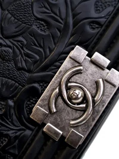 Pre-owned Chanel 2014 Small Embossed Calfskin Cordoba Boy Flap Crossbody Bag In Black