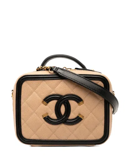Pre-owned Chanel 2016-2017 Small Caviar Cc Filigree Vanity Case Satchel In Brown