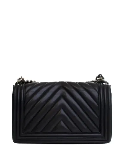 Pre-owned Chanel 2016-2017 Old Medium Chevron Lambskin Boy Flap Crossbody Bag In Black
