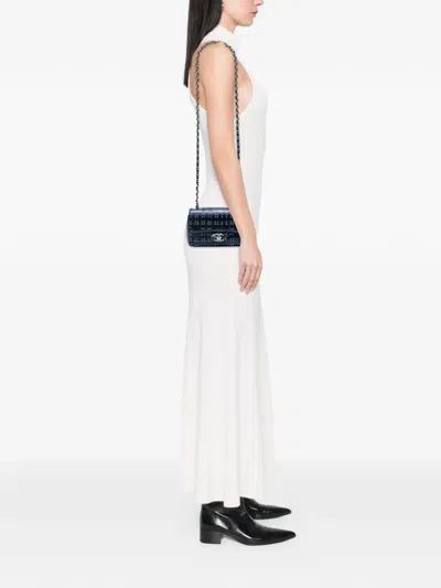 Pre-owned Chanel 2016-2017 Mini Rectangular Classic Glazed Calfskin Studded Airlines Single Flap Shoulder Bag In Blue