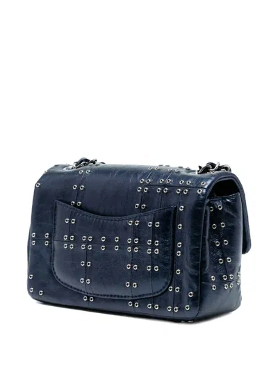Pre-owned Chanel 2016-2017 Mini Rectangular Classic Glazed Calfskin Studded Airlines Single Flap Shoulder Bag In Blue