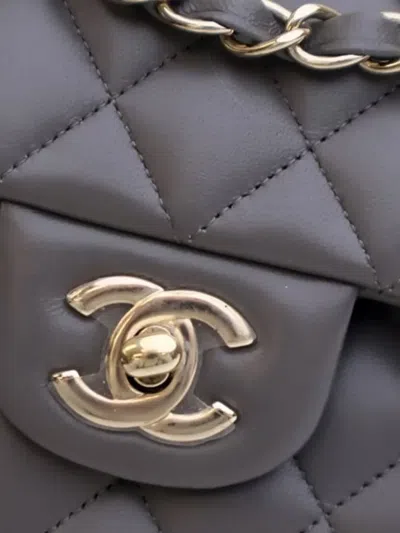 Pre-owned Chanel 2021-2025 Small Classic Lambskin Double Flap Shoulder Bag In Gray