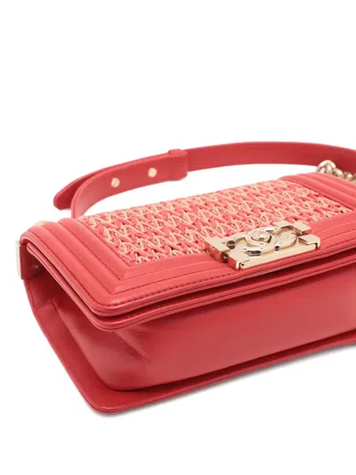 Pre-owned Chanel 2014-2015 Small Straw And Lambskin Boy Flap Shoulder Bag In Red