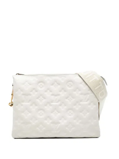 Pre-owned Louis Vuitton 2021 Monogram Embossed Puffy Lambskin Coussin Pm Satchel In White