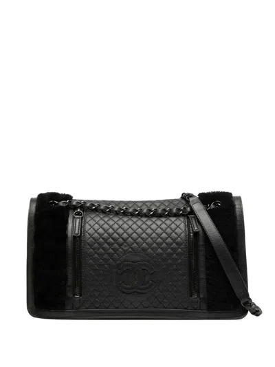 Pre-owned Chanel 2012-2013 Large Cc Quilted Lambskin And Shearling Single Flap Shoulder Bag In Black
