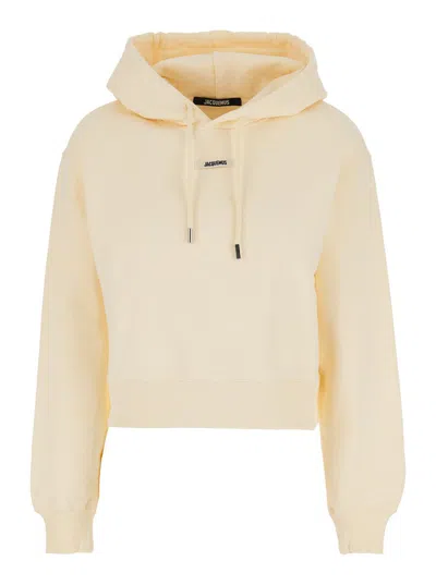 Jacquemus Le Hoodie Gros Grain Beige Cropped Hoodie With Drawstring Hood And Logo Patch On The Front In Cotton In Neutral