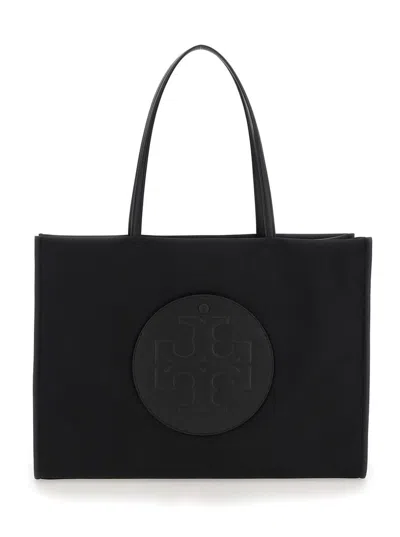 Tory Burch 'ella' Black Large Tote Bag With Tonal Logo Detail In Tech Fabric Woman In Black