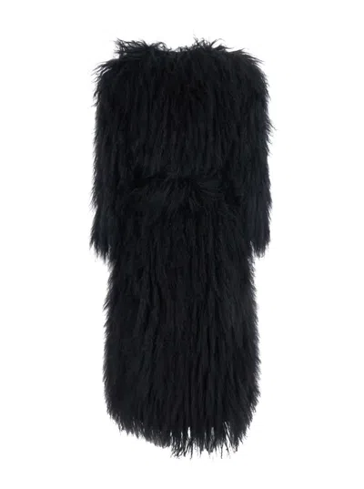 Numero Otto Black Fur Coat With Round Neck And Long Sleeves In Fur Woman In Black