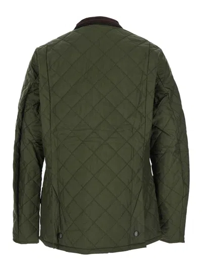 Barbour Heritage Liddesdale Green Jacket With Classic Corduroy Collar And Logo Lettering On The Front In Tec