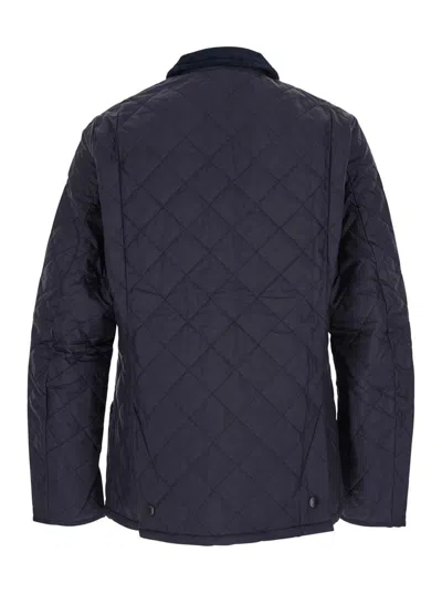 Barbour Heritage Liddesdale Blue Jacket With Classic Corduroy Collar And Logo Lettering On The Front In Tech In Blue