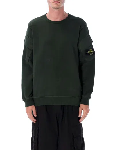 Stone Island Dark Green Crewneck Sweater With Ribbed Detailing And Iconic Logo In Green