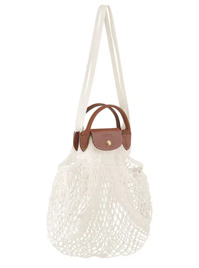 Longchamp Le Pliage Filet White Handbag With Engraved Logo In Mesh Woman