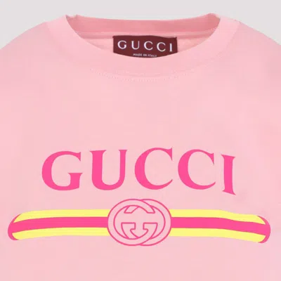 Gucci Women Pink Crewneck T-shirt With Logo Print On The Front In Cotton Woman